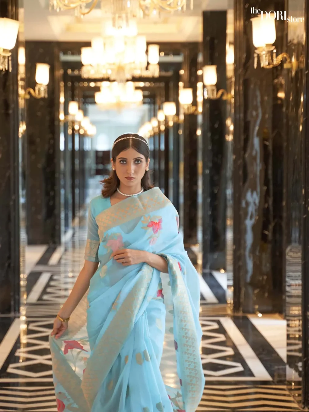 Designer Light Blue Floral Woven Linen Silk Saree - Image 2