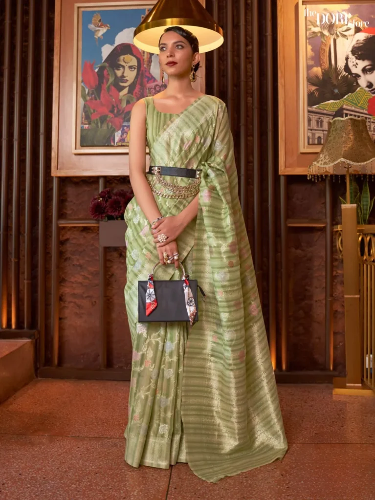 Ethnic Light Green  Handloom Linen Saree - party wear saree
