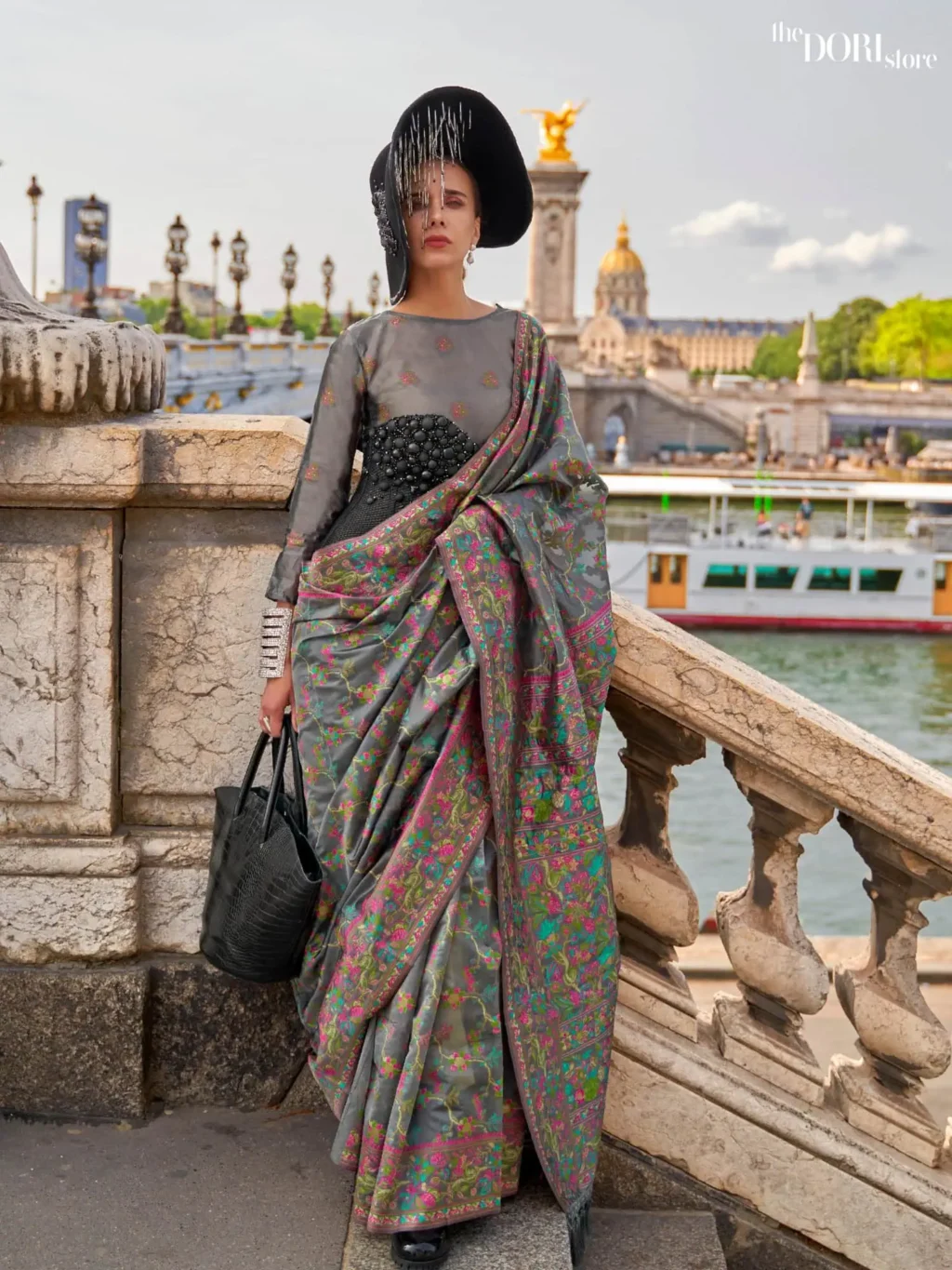 Steel Grey Handloom Parsi Organza Woven Silk Saree  - party wear saree