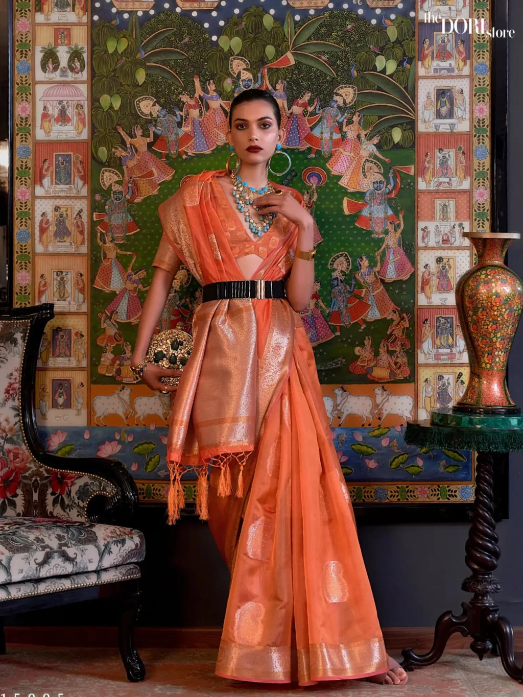 Ethnic Orange Partywear Organza Silk Saree - party wear saree