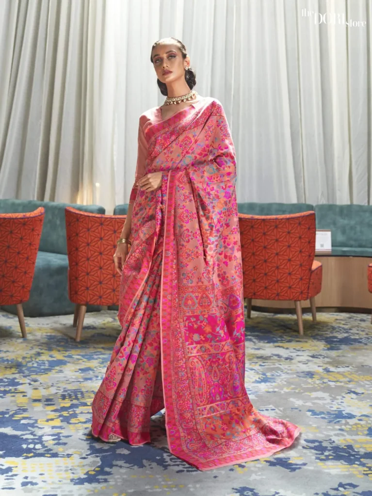 Royal Peach Pink Jamewar Weaving Saree - party wear saree