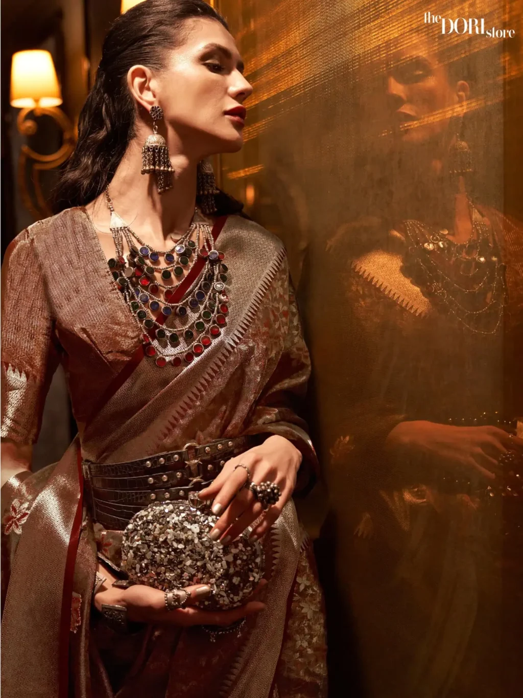 Designer Choclate Brown Dual Tone Organza Silk Saree - Image 2