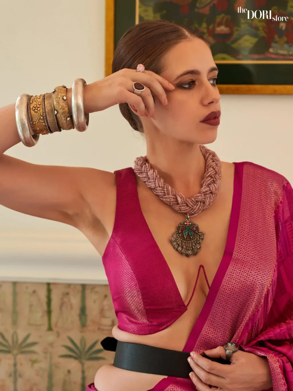 Magenta Pink Dual Tone Handloom Organza Silk Saree - Image 2