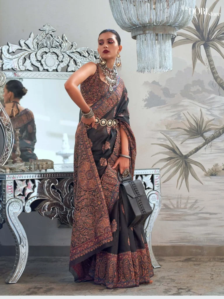 Phantom Black Modal Kashmiri Handloom Silk Saree - party wear saree
