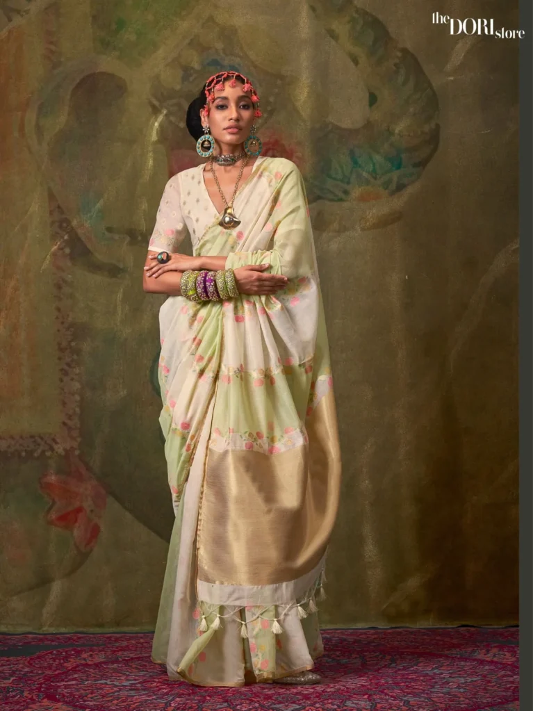 Green and White Designer Pure Rangkaat Woven Silk Saree - party wear saree