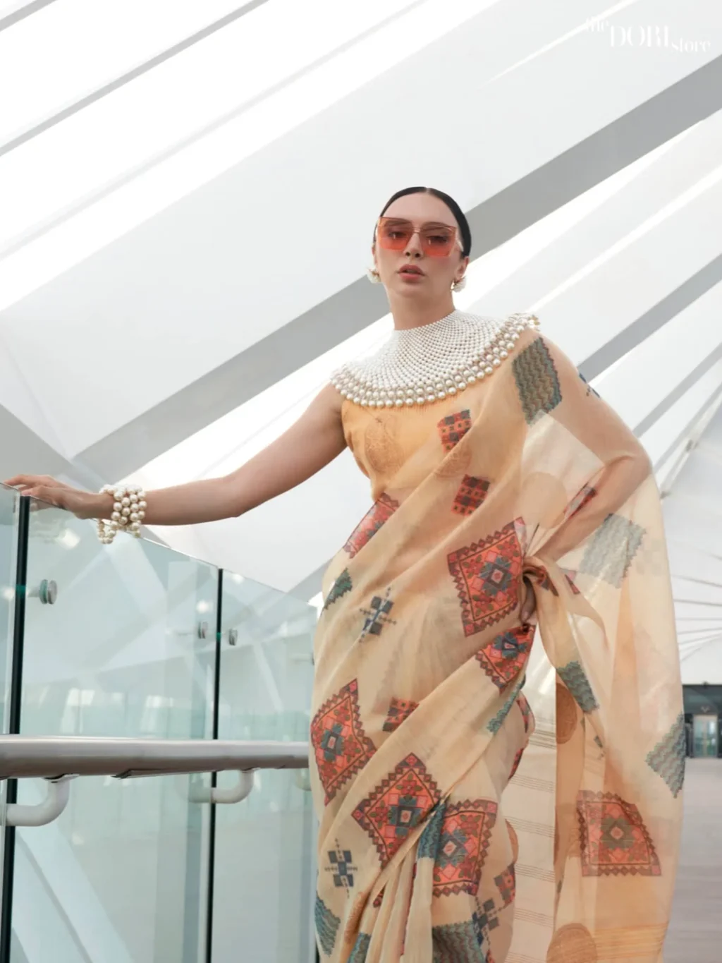 Ethnic Cream Printed Handloom Linen saree Saree - Image 3