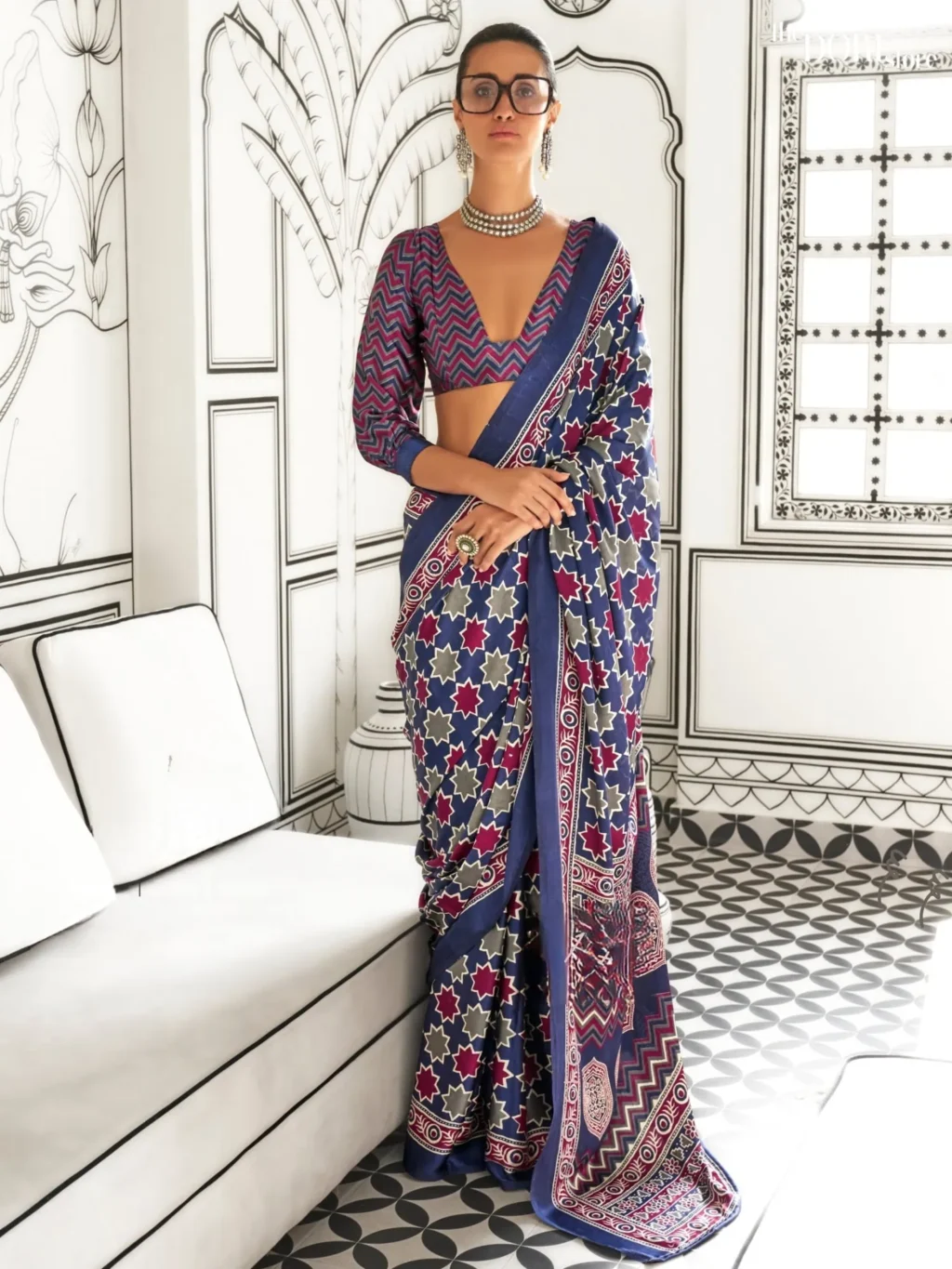 Royal Blue Light Weight Printed Ajrakh Satin Crepe Saree - party wear saree