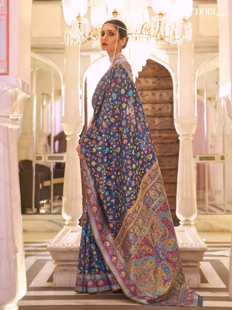 Royal Deep Blue Kashmiri Handloom Weaving Silk Saree - party wear saree
