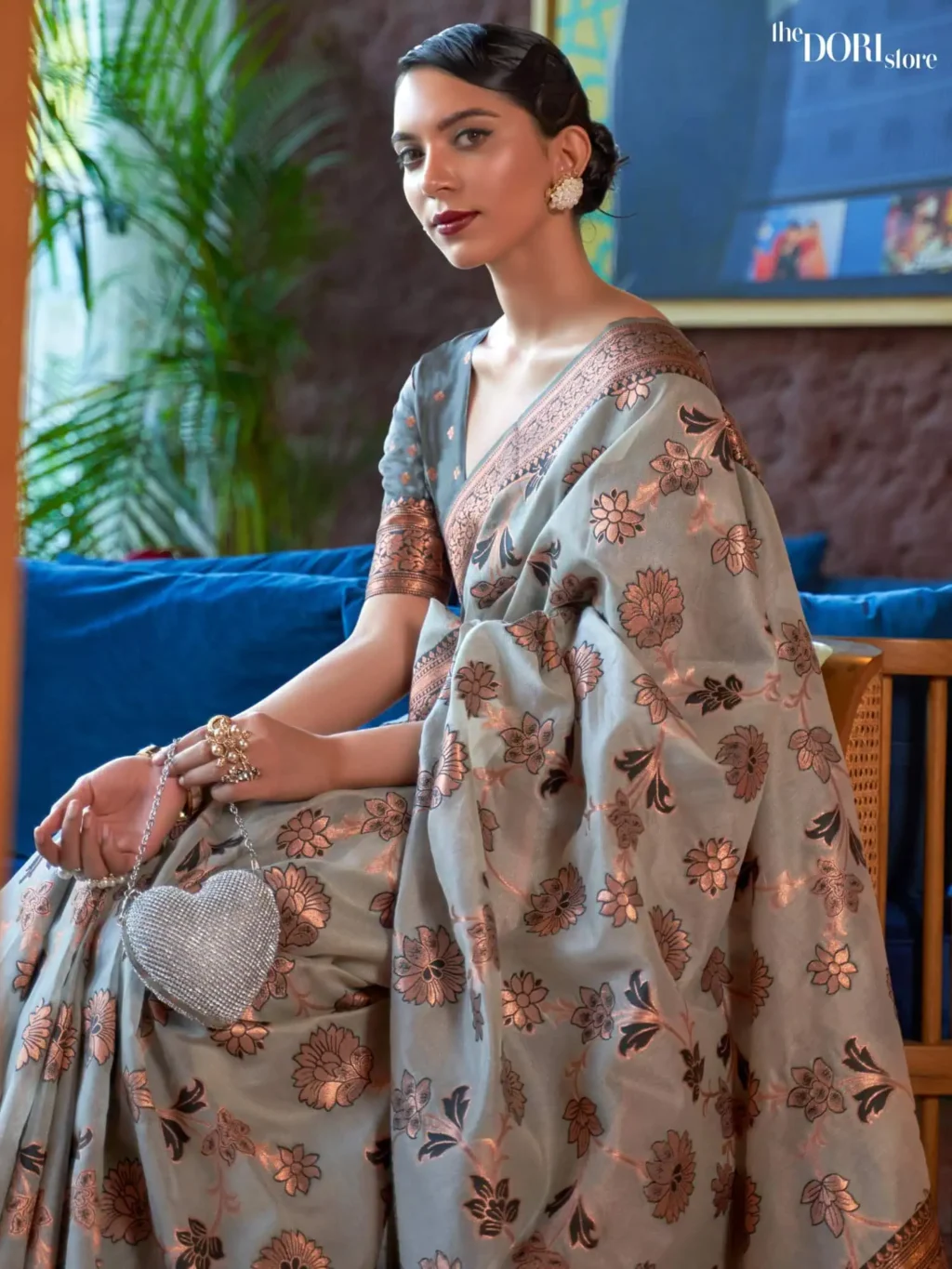 Ethnic Grey Floral Organza Shimmer Silk Zari Woven Saree - Image 2