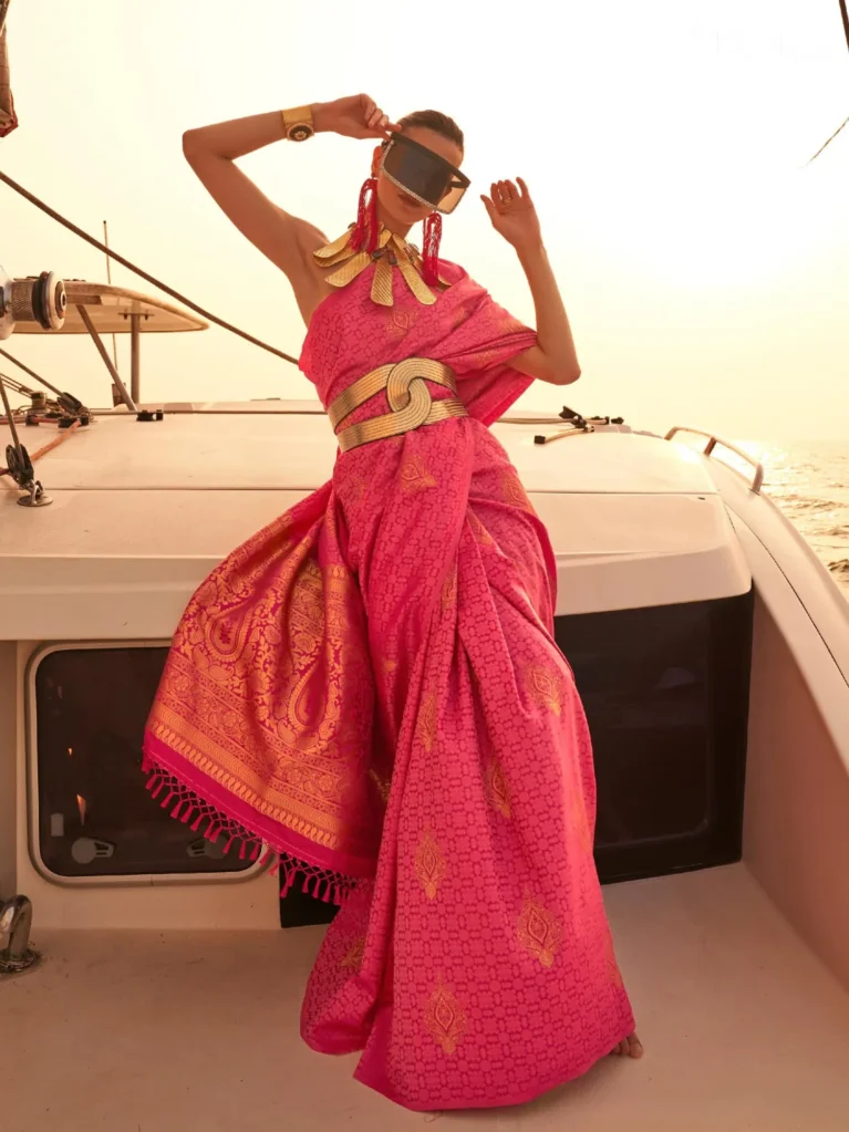 Royal Queen Pink Handloom Designer Satin Silk Saree - party wear saree