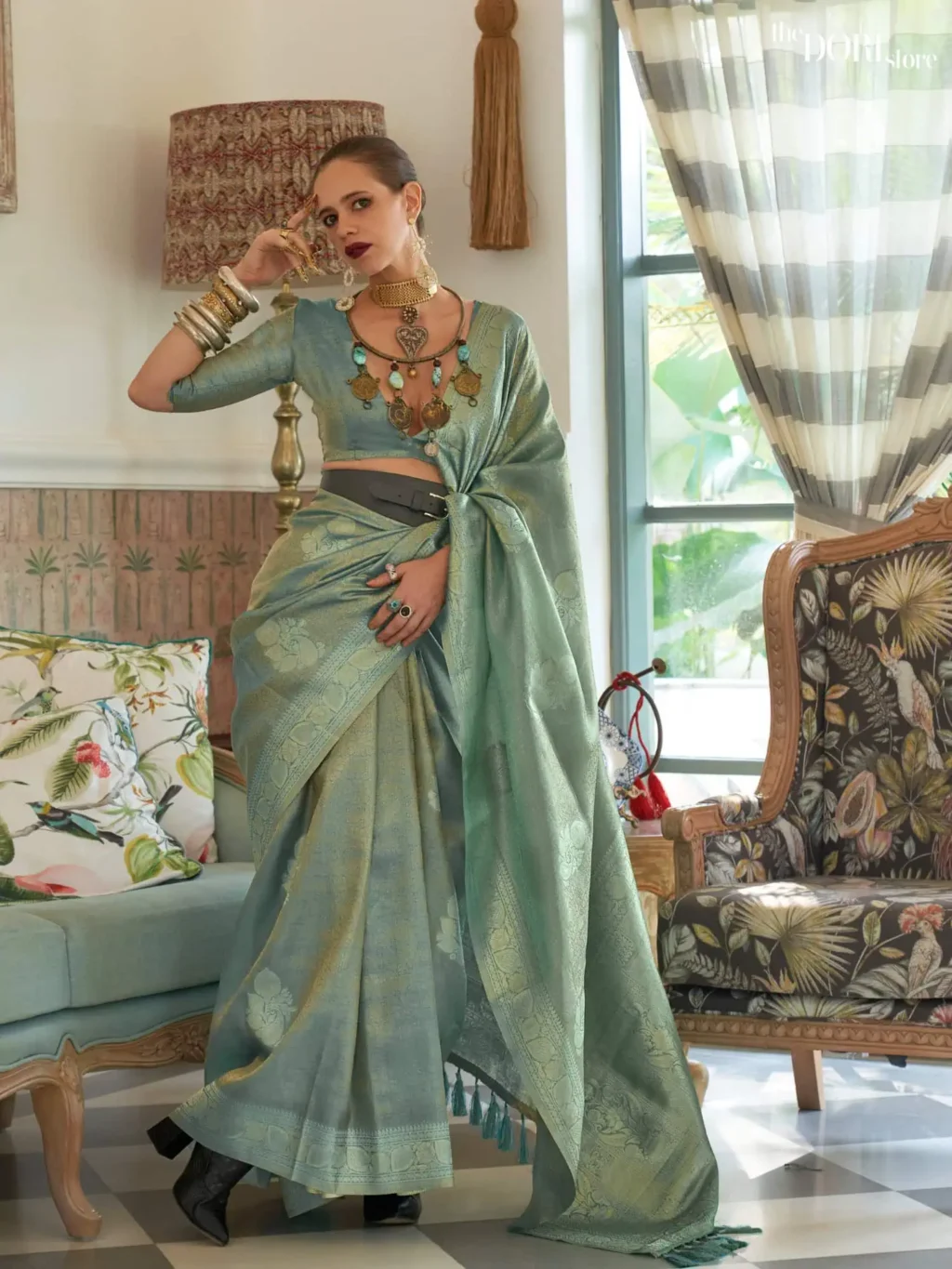 Beautiful Teal Blue Satin Tissue Silk Saree - party wear saree