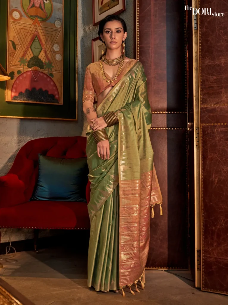 Classy Green Tussar Silk Saree with Contrast Ikkat Pallu and Blouse  - party wear saree