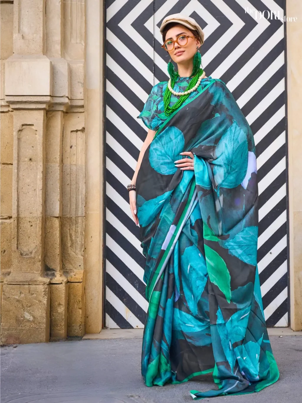 Royal Blue Printed Satin Georgette Silk Saree - party wear saree