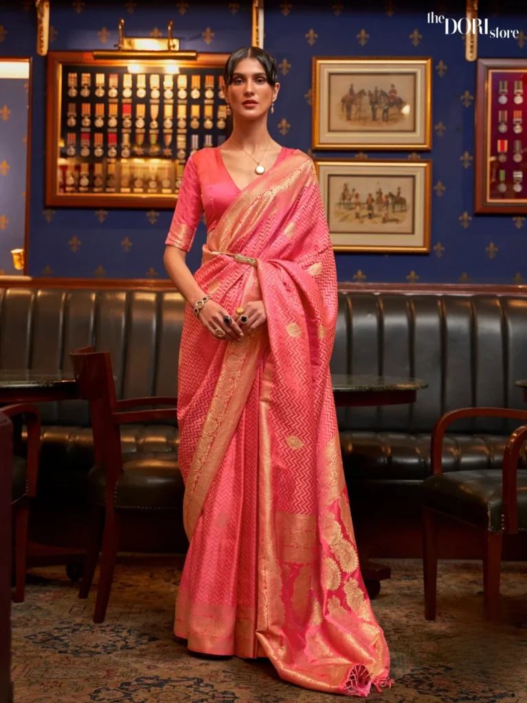 Royal Pink Designer Satin Silk Woven Saree - party wear saree