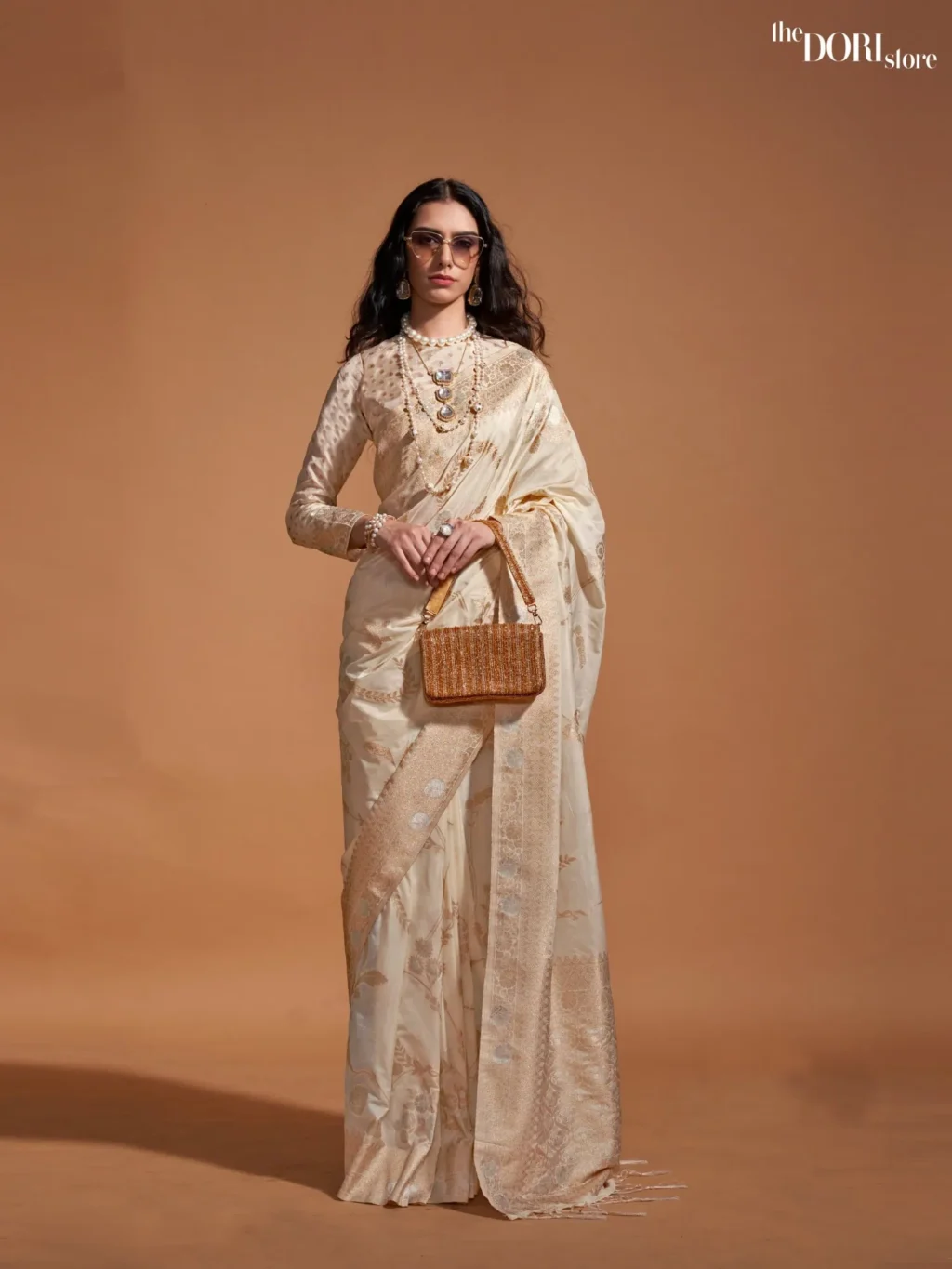 Off White Designer Banarasi Georgette Handloom Silk Saree - party wear saree