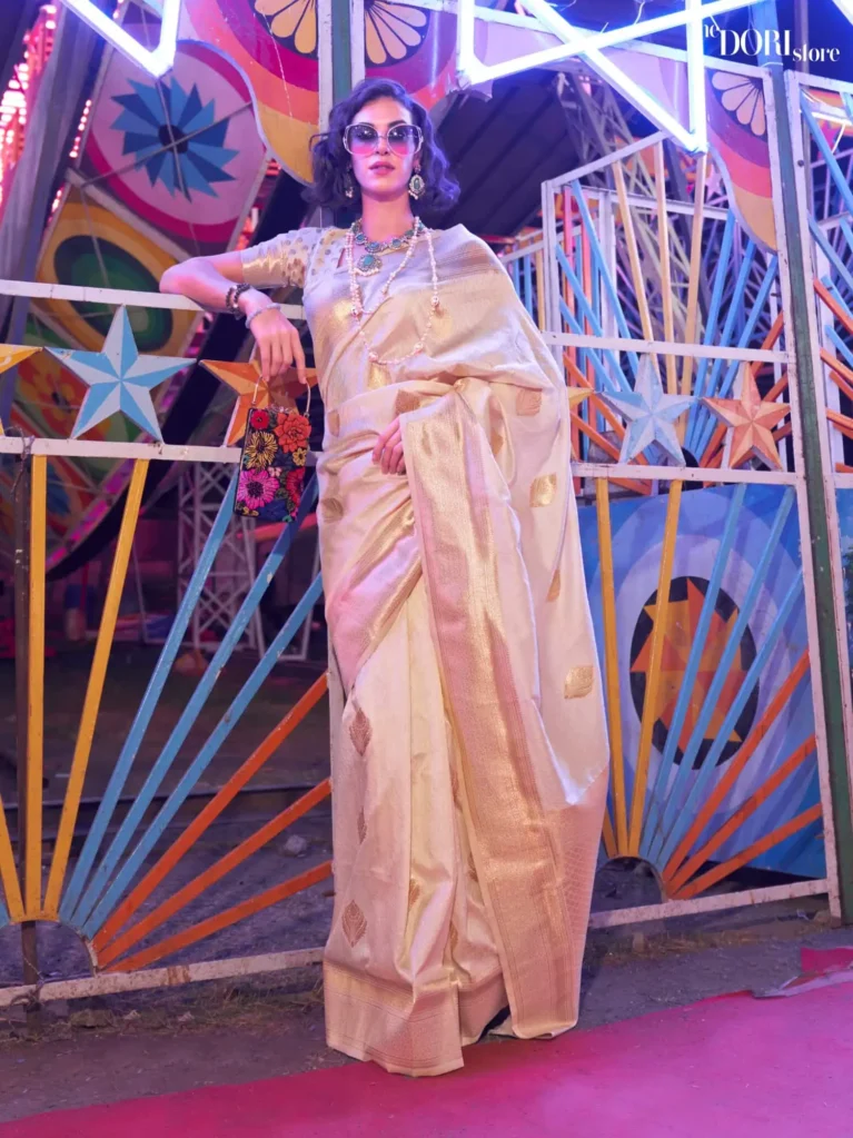Off White Banarasi Woven Silk Saree - party wear saree