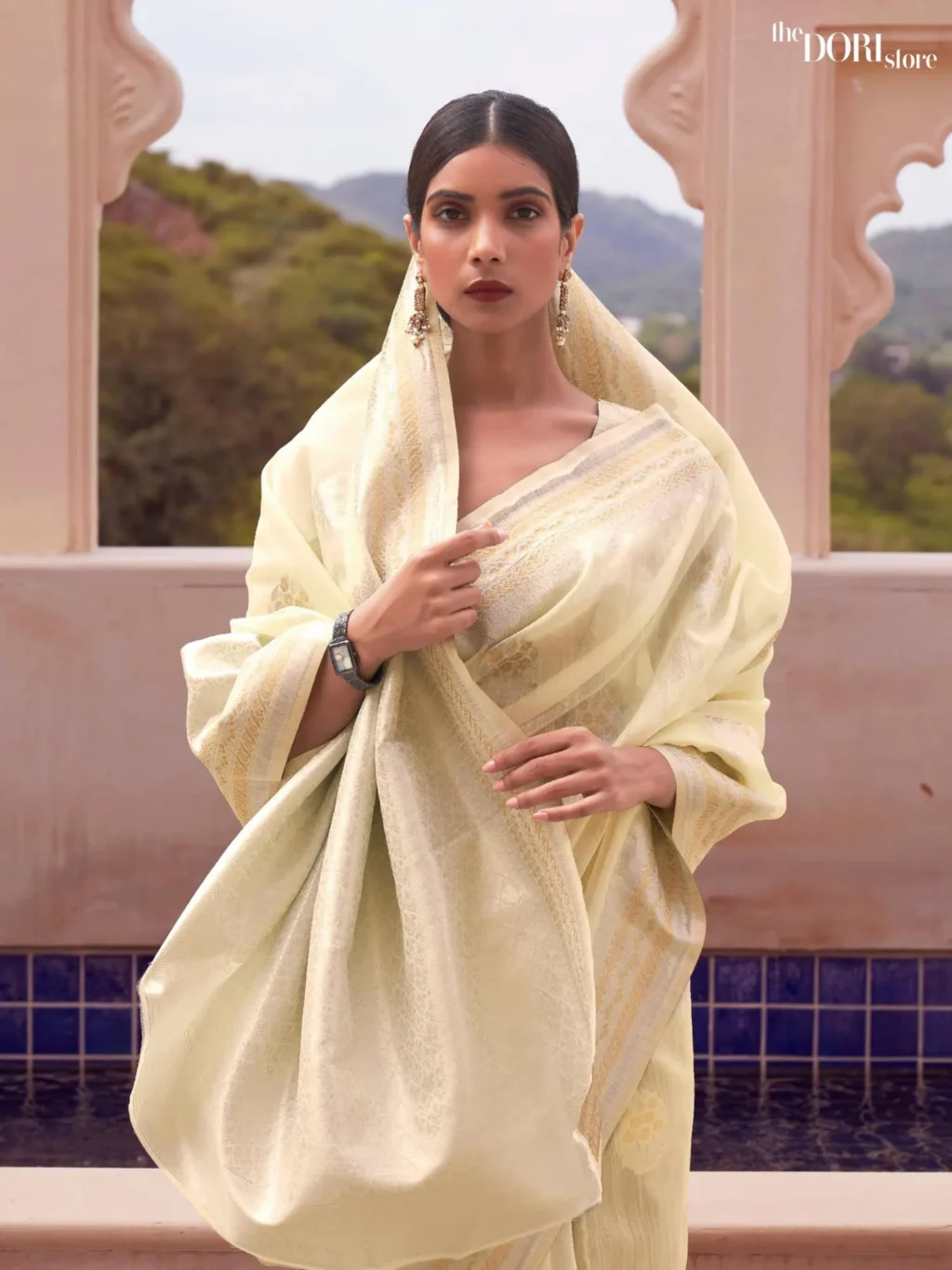 Ethnic Cream Linen Silk Weaving Saree - Image 2