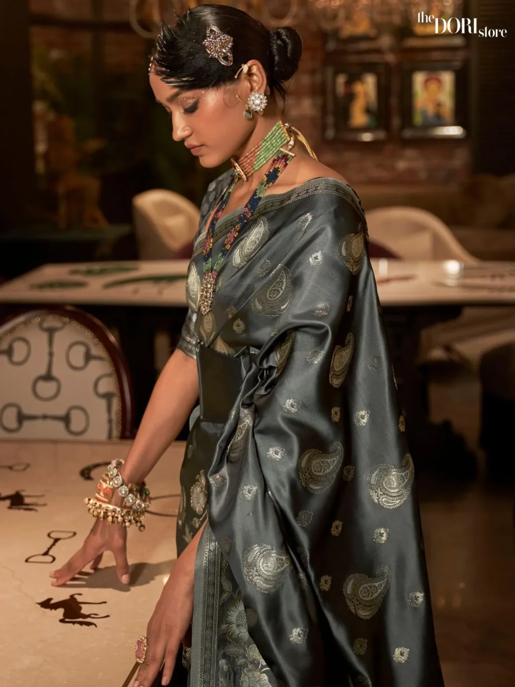 Designer Ethnic  Grey Banarasi Satin Silk Saree - Image 2