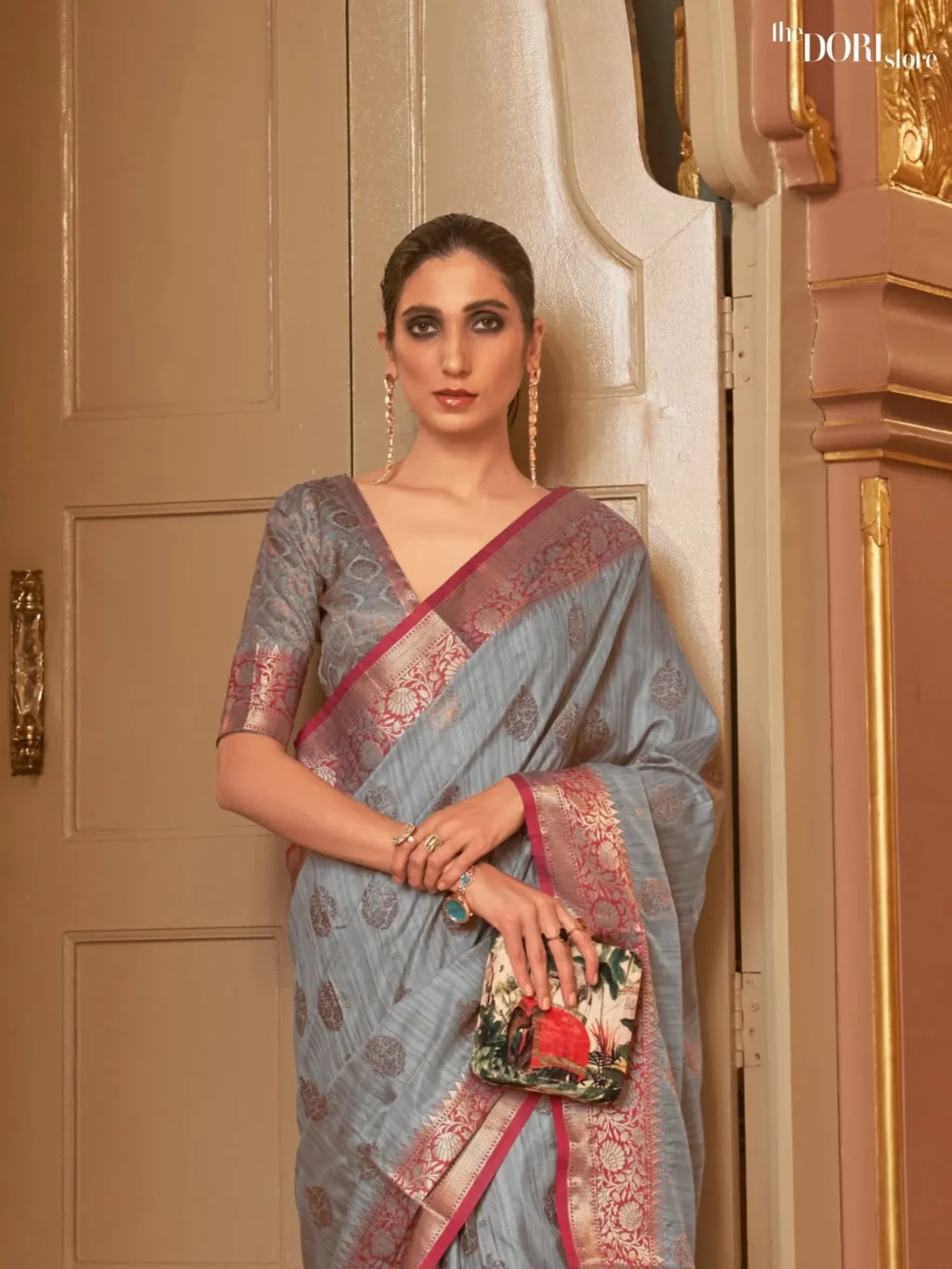 Pewter Grey Floral Banarasi Handloom Woven Silk Saree - Image 2