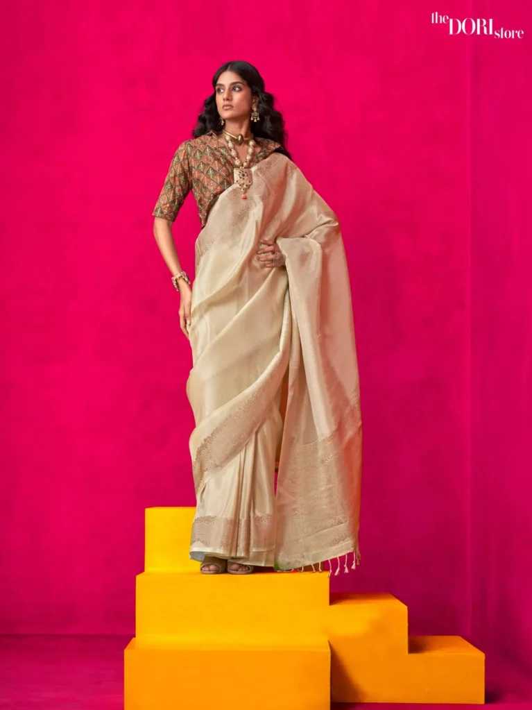 Pearl Cream Viscose Zari Handloom Silk Woven Saree - party wear saree