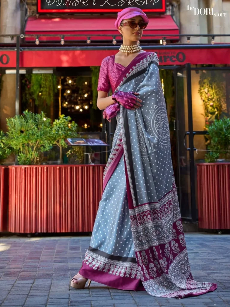 Ethnic Slate Grey Printed Crepe Soft Silk Saree - party wear saree
