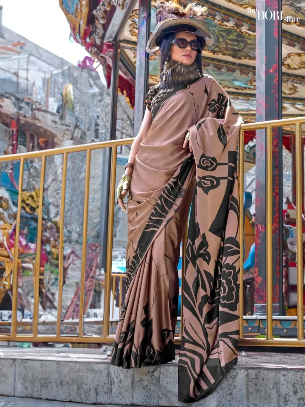 Chocolate Brown Satin Printed Crepe Silk Saree - party wear saree