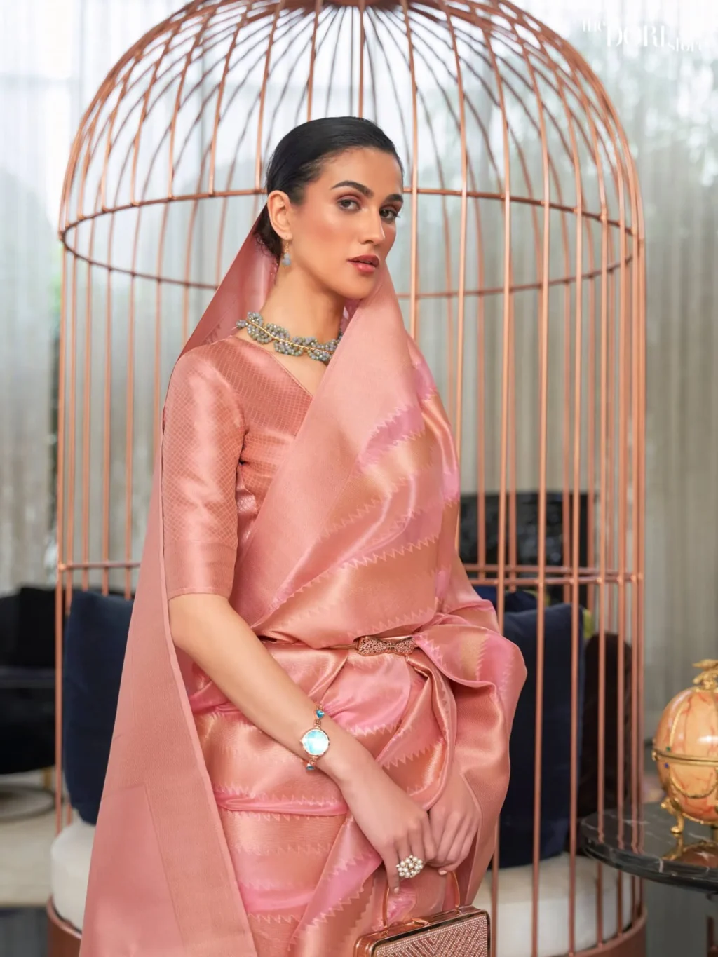 Blush Pink Partywear Organza Silk Saree - Image 2