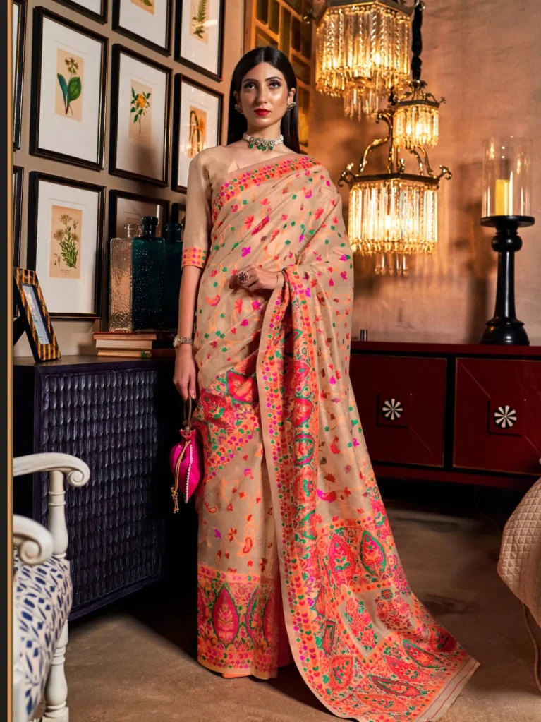 Golden Zari Bloom Kashmiri Silk Saree - party wear saree
