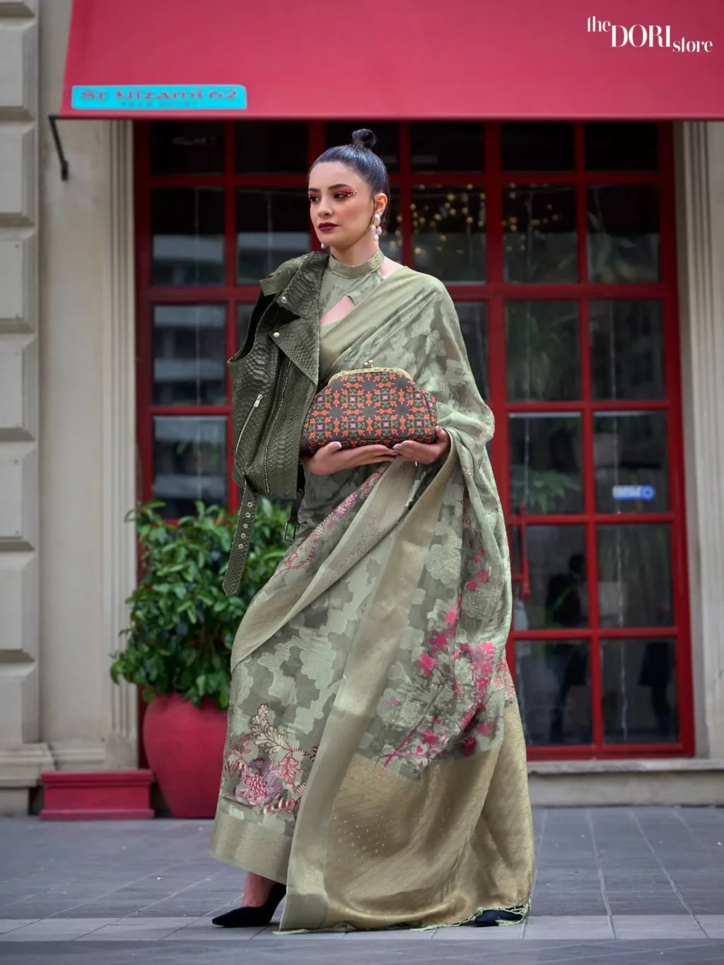 Olive Green Border Brasso Poly Printed Saree  - party wear saree