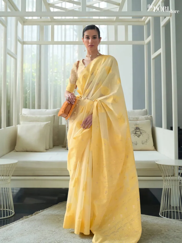 Butter Yellow Chickankari Lucknowi Woven Saree - party wear saree