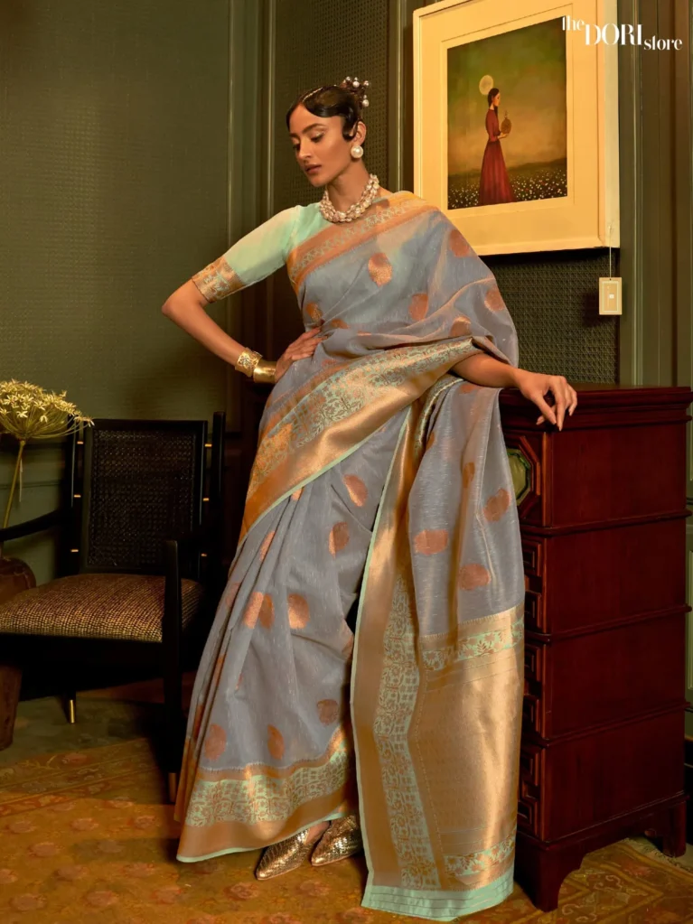 Partywear Grey Zari Woven Silk Saree - party wear saree
