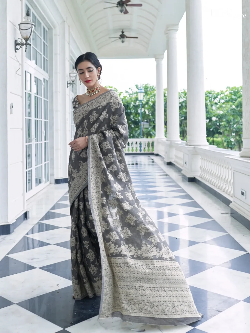 Beautiful Charcoal Grey Lucknowi Georgette Weaving Saree - party wear saree
