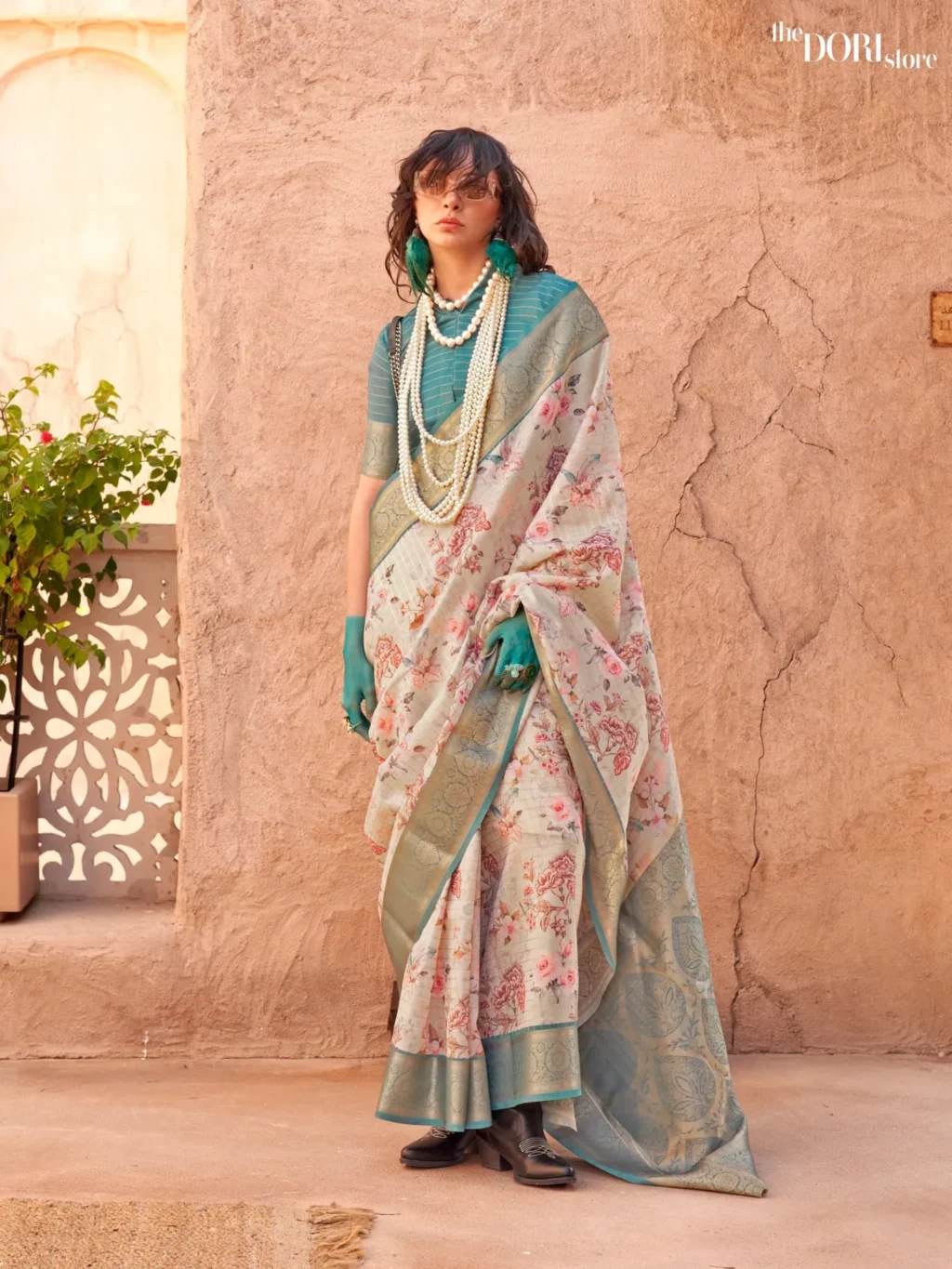 Teal Green and Cream Handloom Printed Georgette Silk Saree - party wear saree