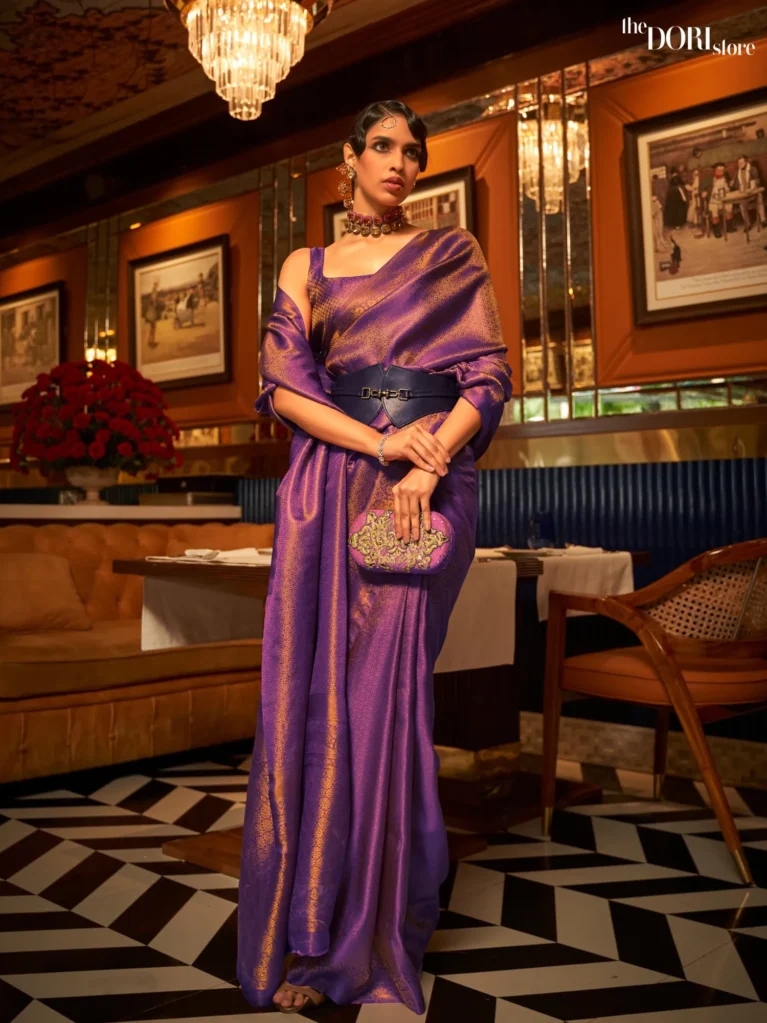 Designer Plum Purple Dual Tone Kanjeevaram Silk Saree - party wear saree