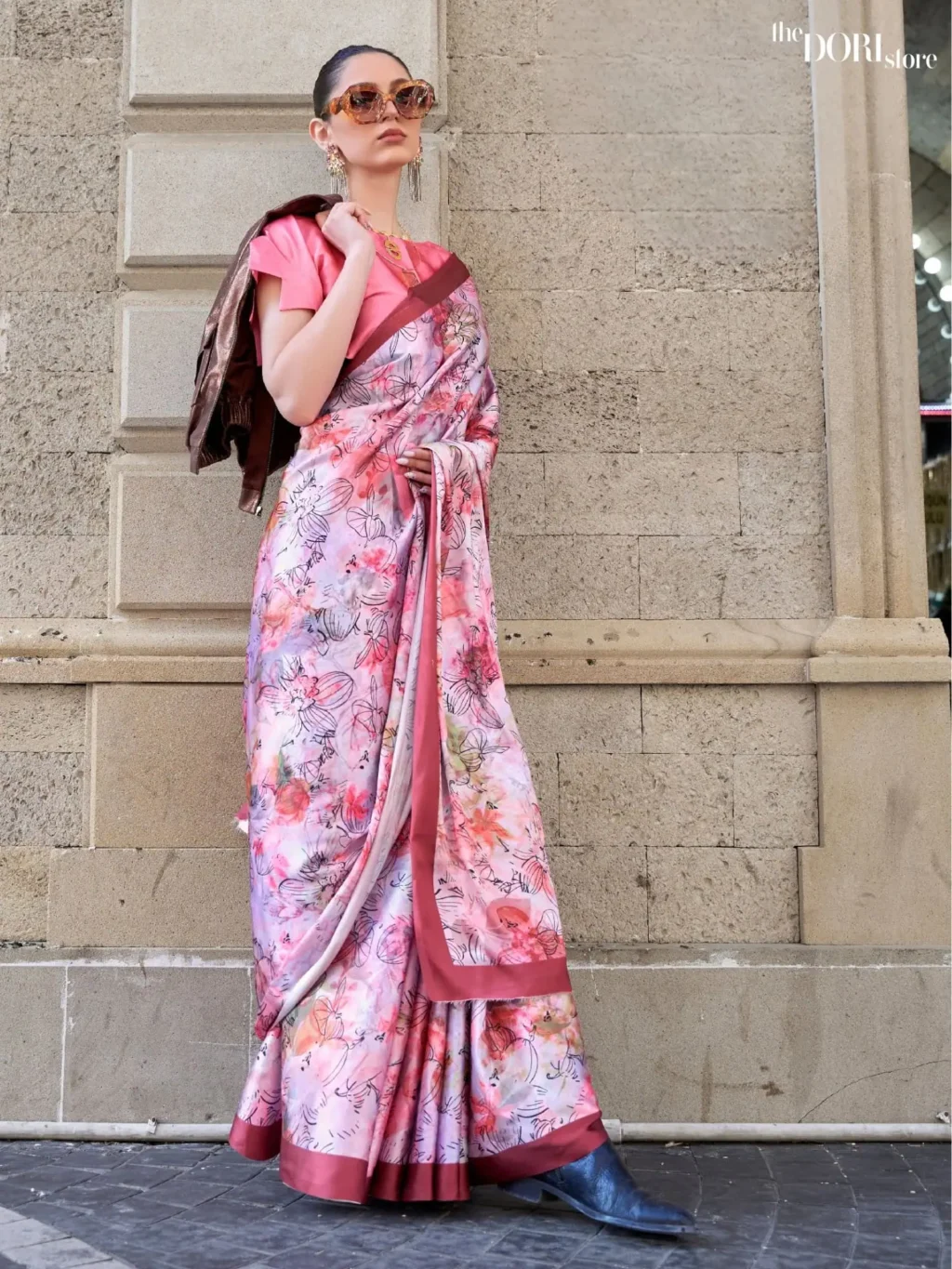 Pink and Lavender Digital Print Satin Crepe Silk Saree - party wear saree