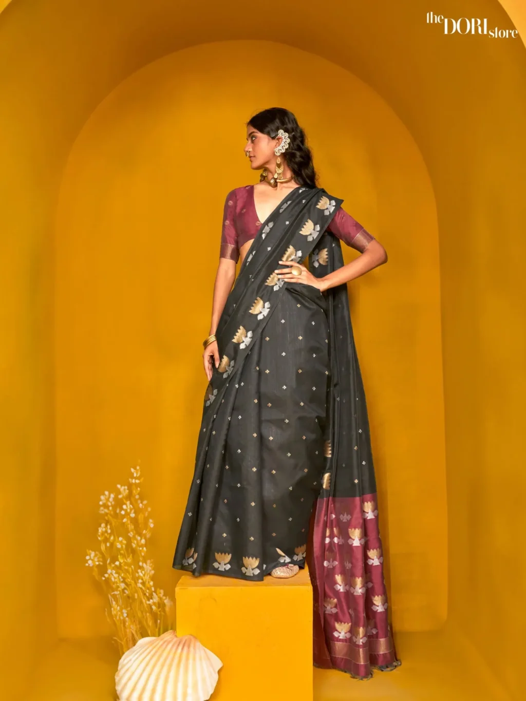 Pirate Black Tussar Handloom Banarasi Silk Saree - party wear saree