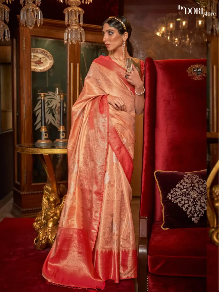 Orange Peach Soft Banarasi Handloom Silk Woven Saree - party wear saree