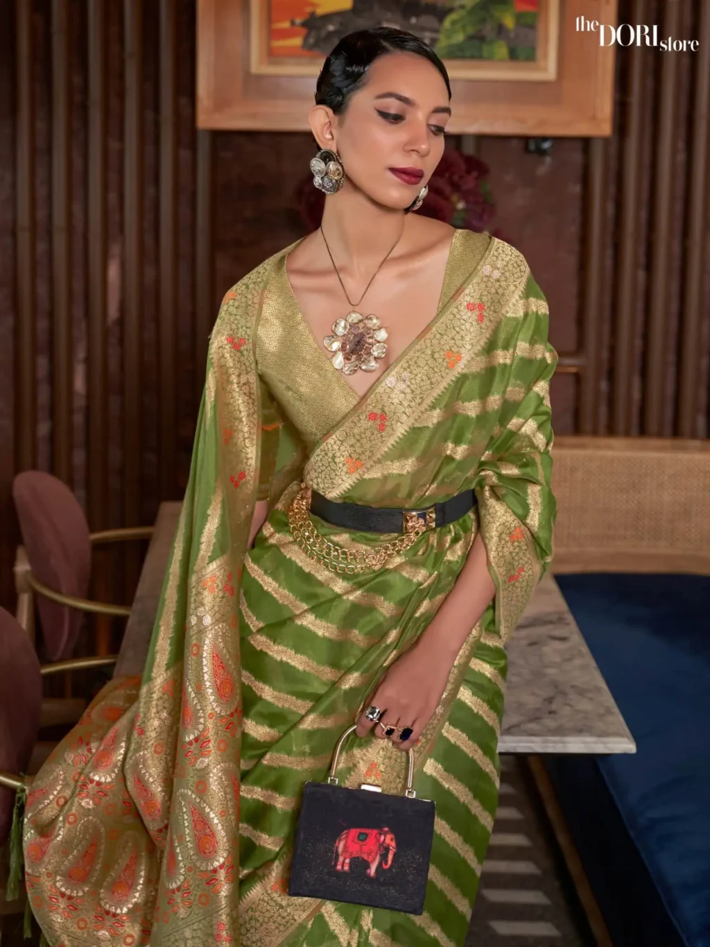 Ethnic Light Green Woven Organza Silk Saree - Image 2