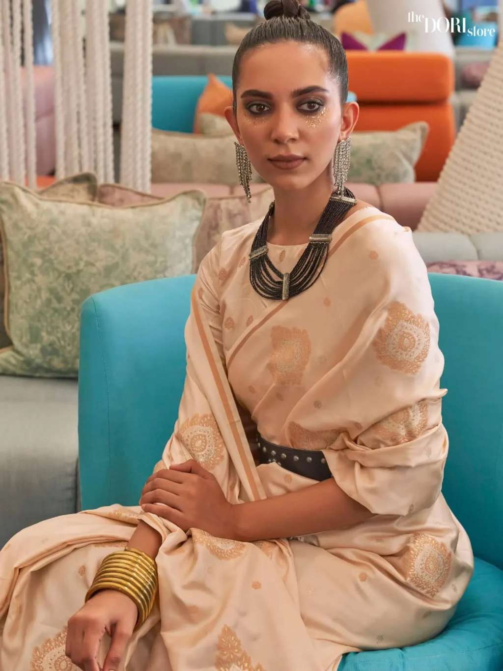 Ethnic Cream Pure Satin Copper Zari Weaving Saree - Image 2