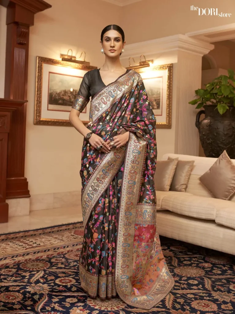 Ink Black Designer Kashmiri Jamewar Silk Saree - party wear saree