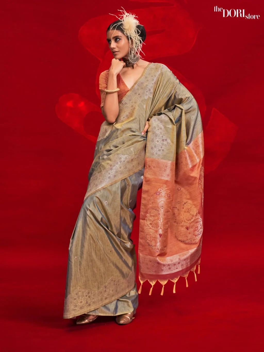Slate Grey Tussar Banarasi Silk Saree - party wear saree