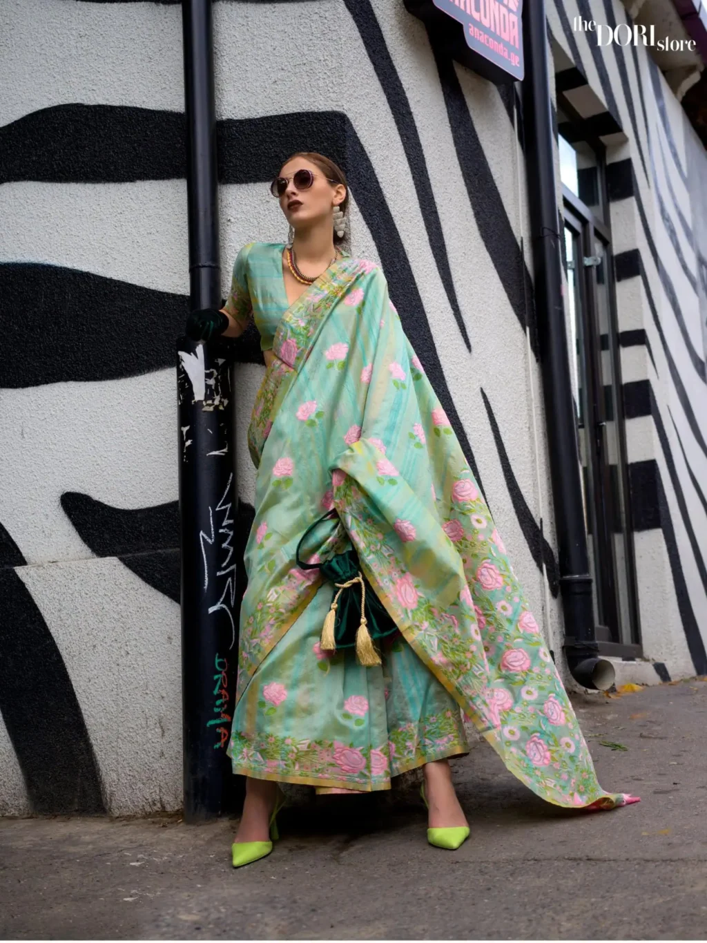 Dusky Green Parsi Woven Textured Silk Saree - party wear saree