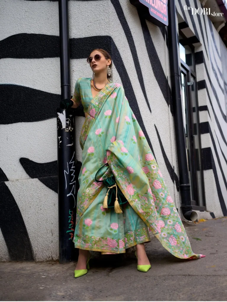 Dusky Green Parsi Woven Textured Silk Saree - party wear saree