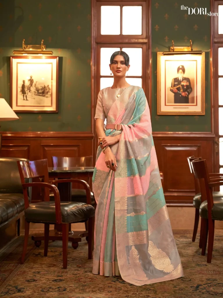 Beautiful Greyish Multicolor Organza Silk Saree - party wear saree