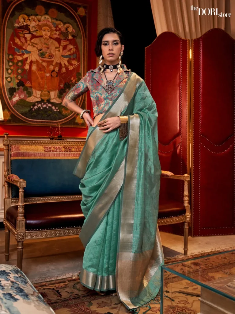 Persian Green Moss Chiffon Silk Saree with Contrast Blouse  - party wear saree