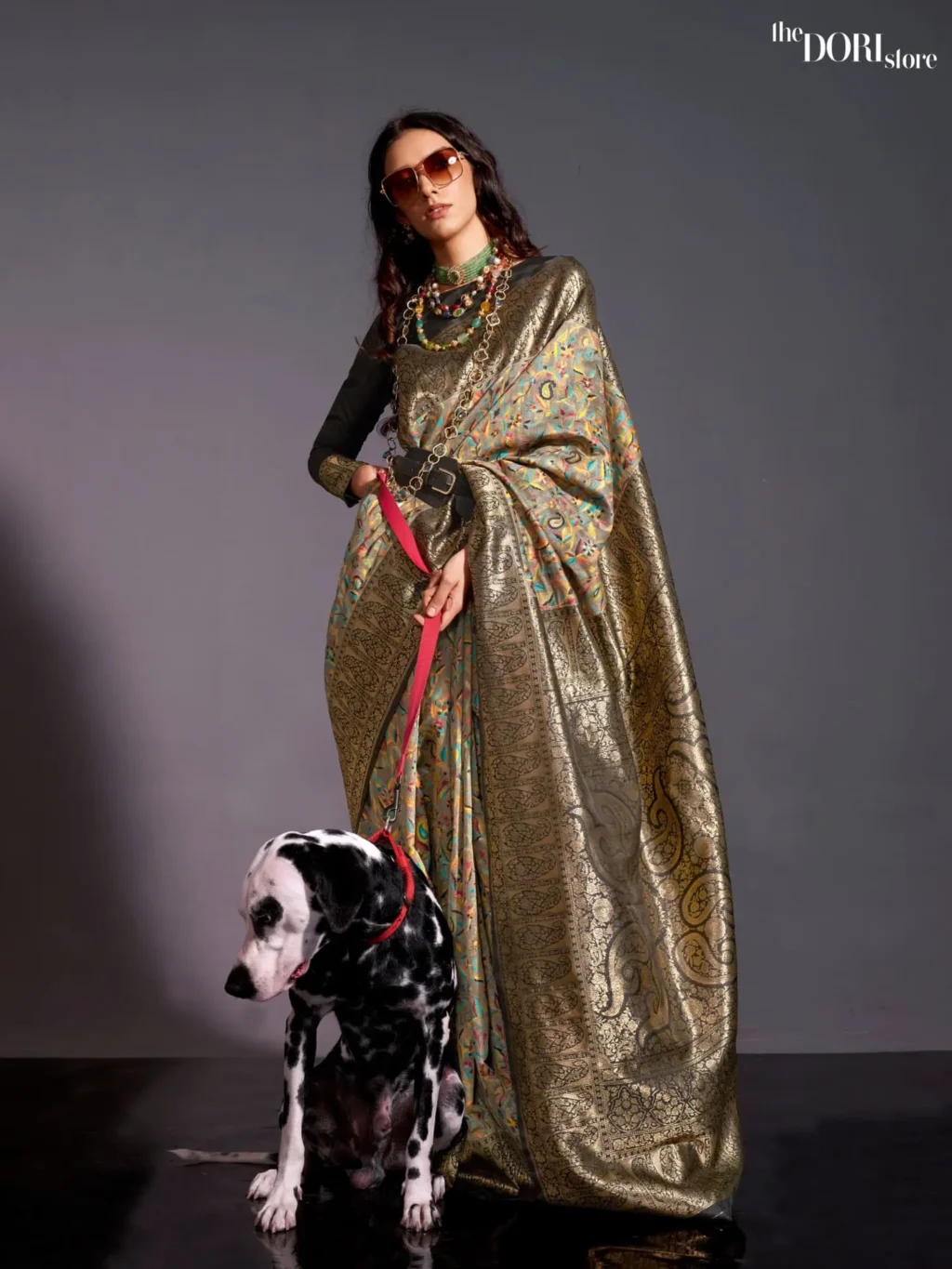 Greyish Black Modal Kashmiri Woven Silk Saree - party wear saree