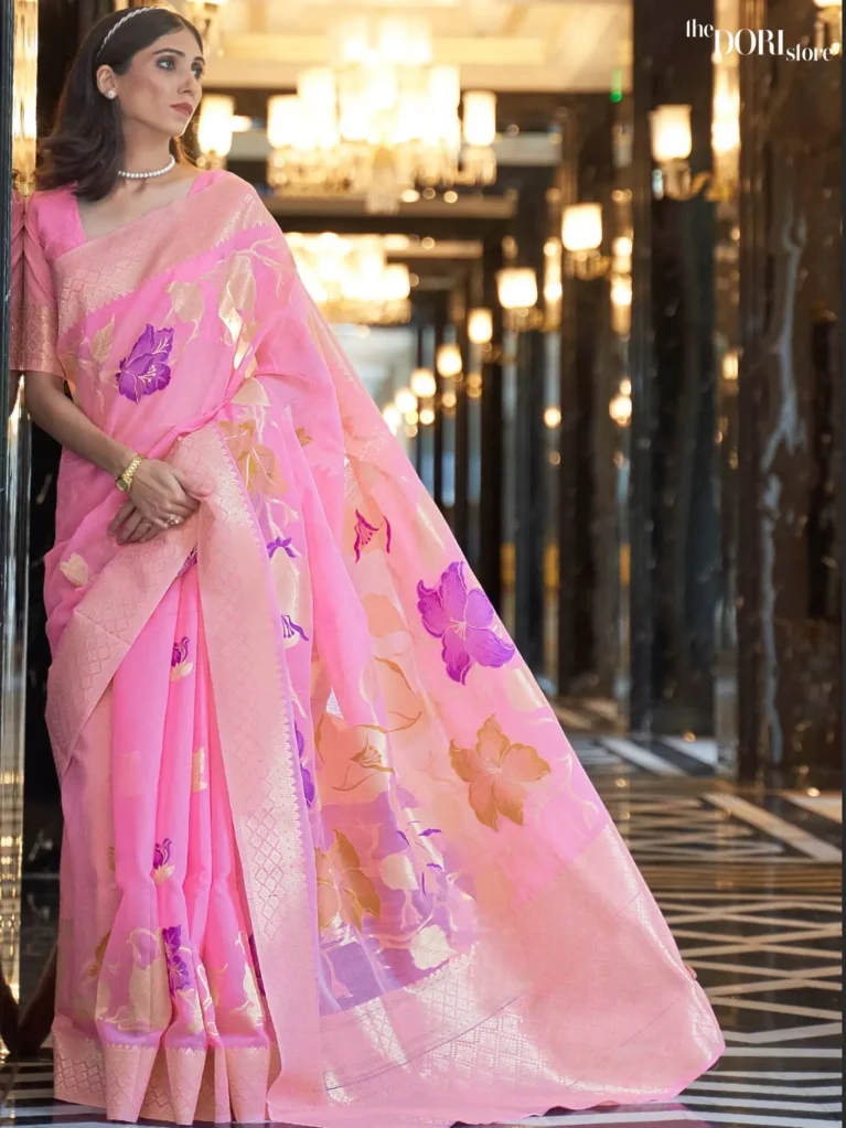 Festival Floral Light Pink Woven Linen saree Saree - party wear saree