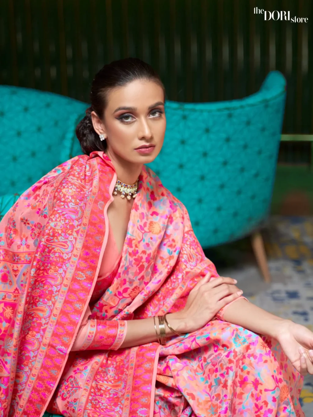 Royal Peach Pink Jamewar Weaving Saree - Image 2
