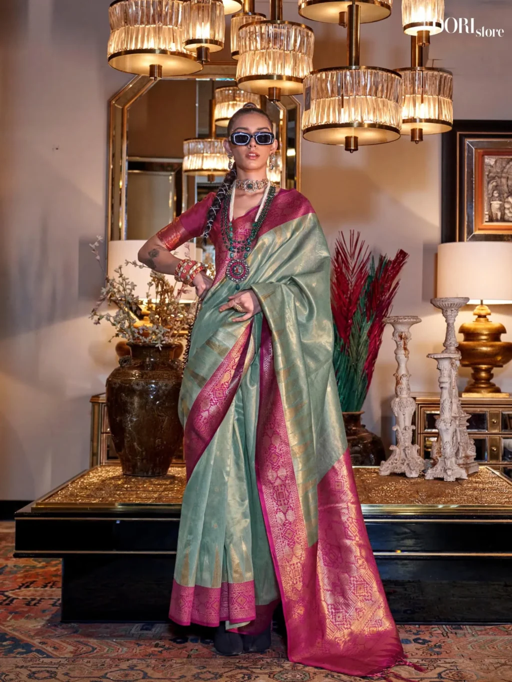 Saga Green Zari Handloom Tissue Silk Saree - party wear saree