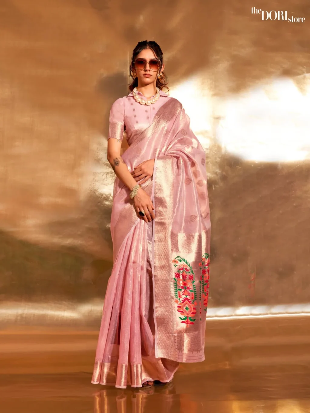 Korra Blush Pink Zari Banarasi Paithani Silk Saree - party wear saree